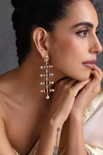 Gold plated blue polki dangler earrings