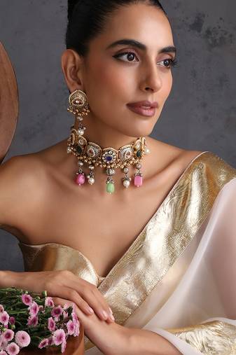 Gold plated multicolor polki choker set