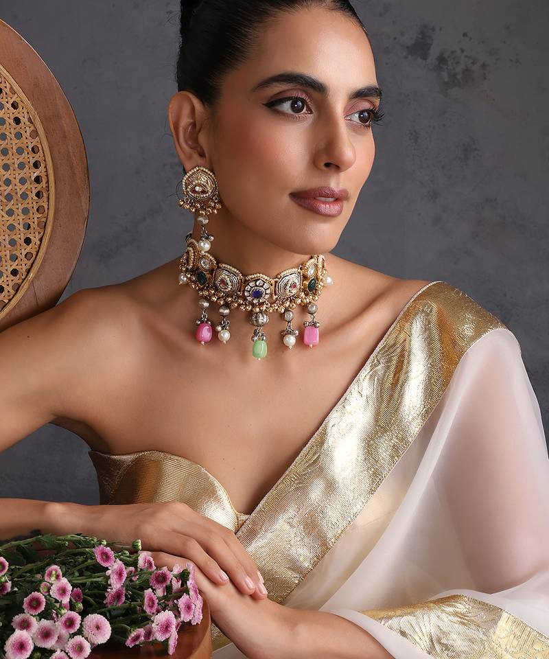 Gold plated multicolor polki choker set