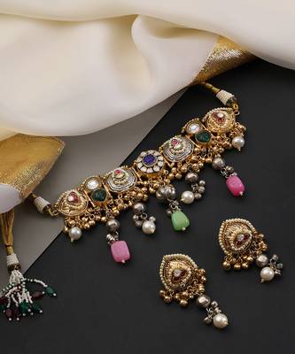 Gold plated multicolor polki choker set 2