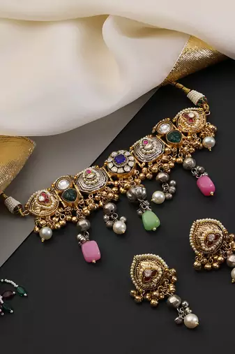 Gold plated multicolor polki choker set