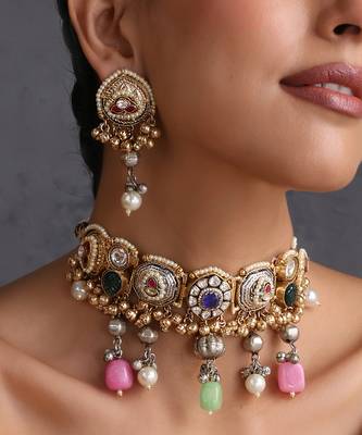 Gold plated multicolor polki choker set 3