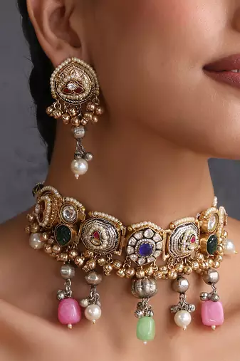 Gold plated multicolor polki choker set