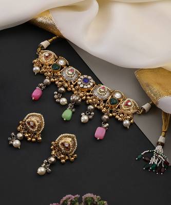 Gold plated multicolor polki choker set 4