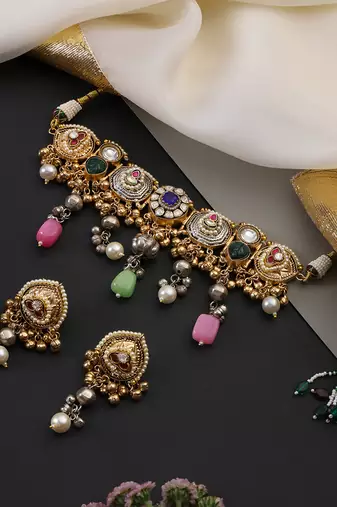 Gold plated multicolor polki choker set