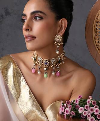 Gold plated multicolor polki choker set 5