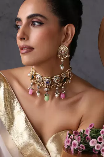 Gold plated multicolor polki choker set