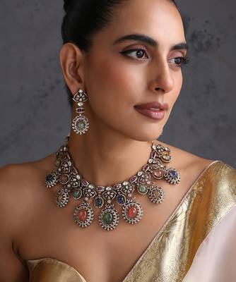 Gold plated multicolor polki necklace set 1
