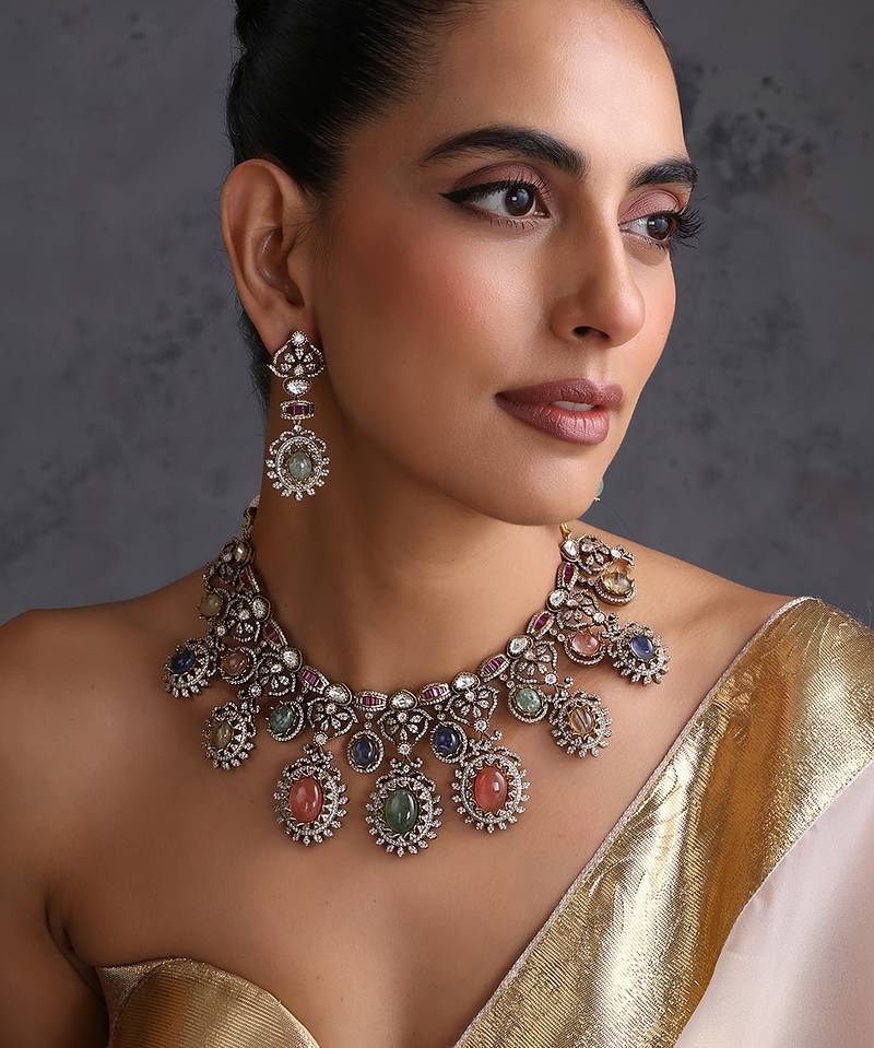 Gold plated multicolor polki necklace set