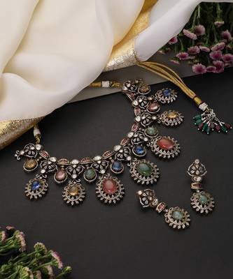 Gold plated multicolor polki necklace set 2