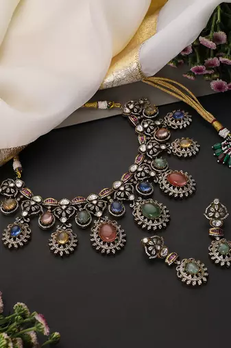 Gold plated multicolor polki necklace set