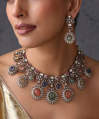 Gold plated multicolor polki necklace set 3