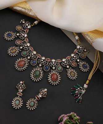 Gold plated multicolor polki necklace set 4