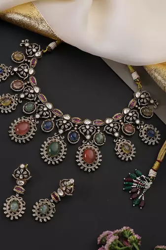 Gold plated multicolor polki necklace set