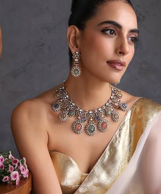 Gold plated multicolor polki necklace set 5