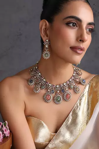Gold plated multicolor polki necklace set