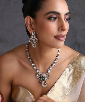 Gold plated emerald green polki pendant necklace set 1