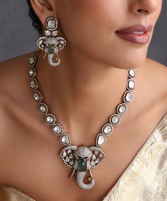 Gold plated emerald green polki pendant necklace set 3