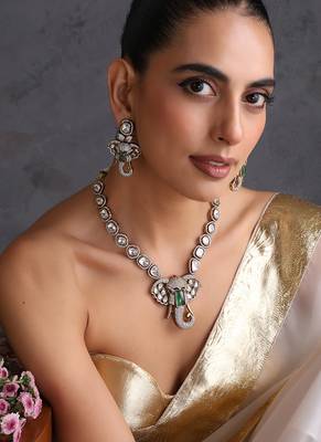 Gold plated emerald green polki pendant necklace set 5