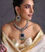Gold plated sapphire blue polki necklace set
