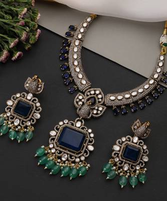 Gold plated sapphire blue polki necklace set 2