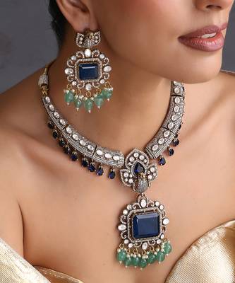 Gold plated sapphire blue polki necklace set 3