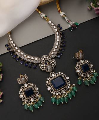 Gold plated sapphire blue polki necklace set 4