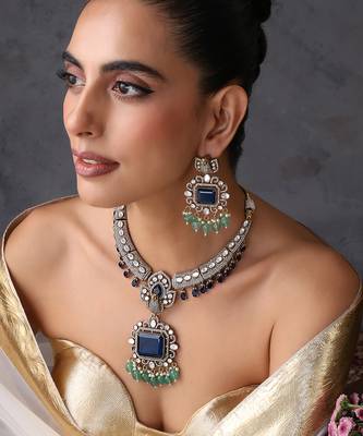 Gold plated sapphire blue polki necklace set 5