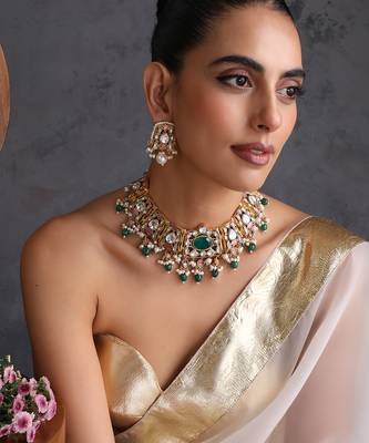 Gold plated emerald green stones polki necklace set 1