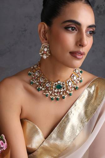 Gold plated emerald green stones polki necklace set