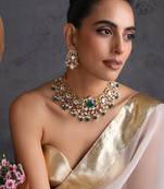 Gold plated emerald green stones polki necklace set
