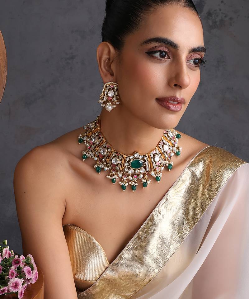 Gold plated emerald green stones polki necklace set