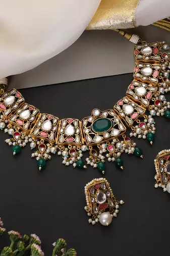 Gold plated emerald green stones polki necklace set