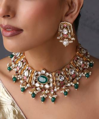 Gold plated emerald green stones polki necklace set 3