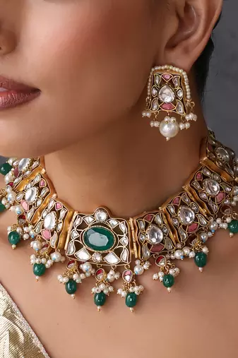 Gold plated emerald green stones polki necklace set