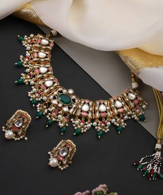 Gold plated emerald green stones polki necklace set 4