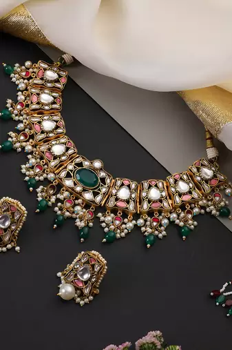 Gold plated emerald green stones polki necklace set