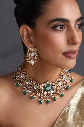 Gold plated emerald green stones polki necklace set