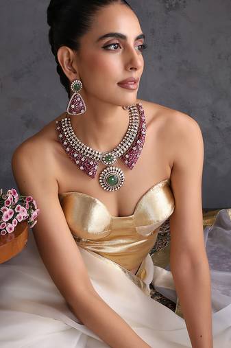 Ruby pink and emerald green polki necklace set