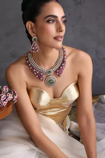 Ruby pink and emerald green polki necklace set