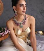 Ruby pink and emerald green polki necklace set