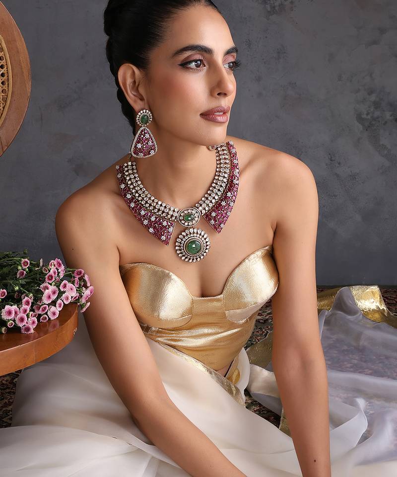Ruby pink and emerald green polki necklace set