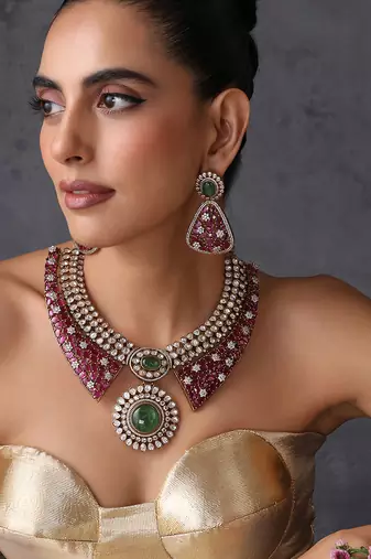 Ruby pink and emerald green polki necklace set