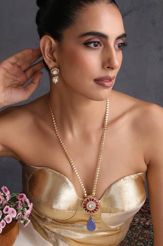 Gold plated multicolor polki blue pendant necklace set