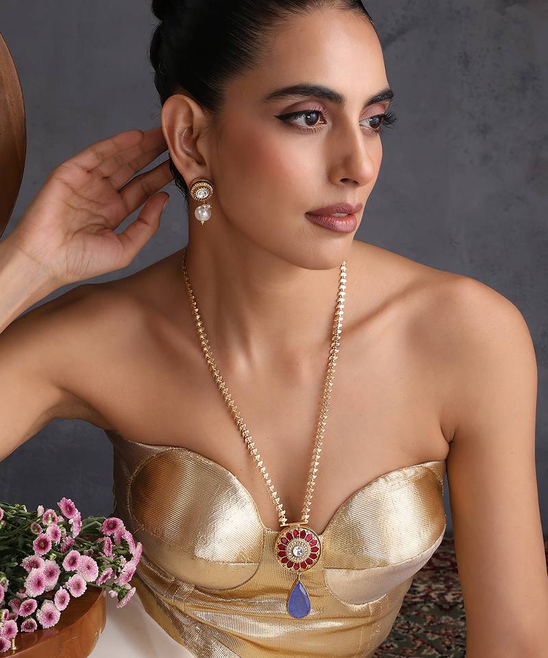 Gold plated multicolor polki blue pendant necklace set