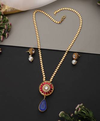 Gold plated multicolor polki blue pendant necklace set 2