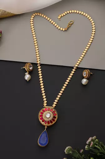 Gold plated multicolor polki blue pendant necklace set