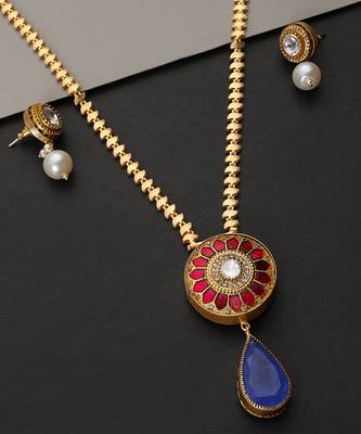 Gold plated multicolor polki blue pendant necklace set 4