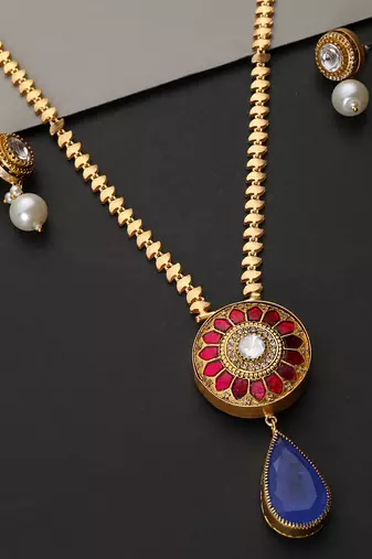 Gold plated multicolor polki blue pendant necklace set