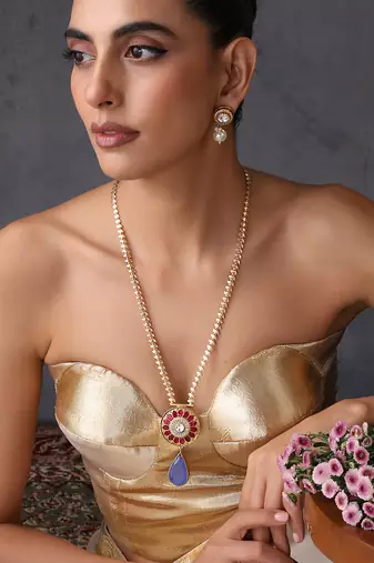 Gold plated multicolor polki blue pendant necklace set
